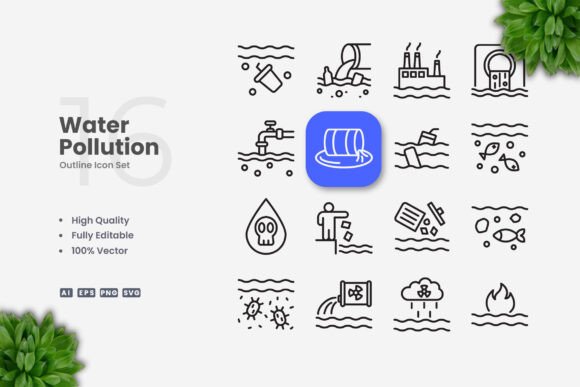 Water Pollution Icons: Clean Design for Impactful Communication